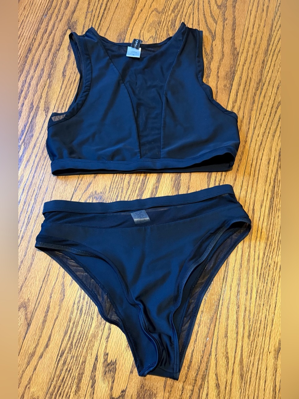 Black Two-Piece Swim Set - Sporty Crop Top & High Waist Bottoms - Size Medium